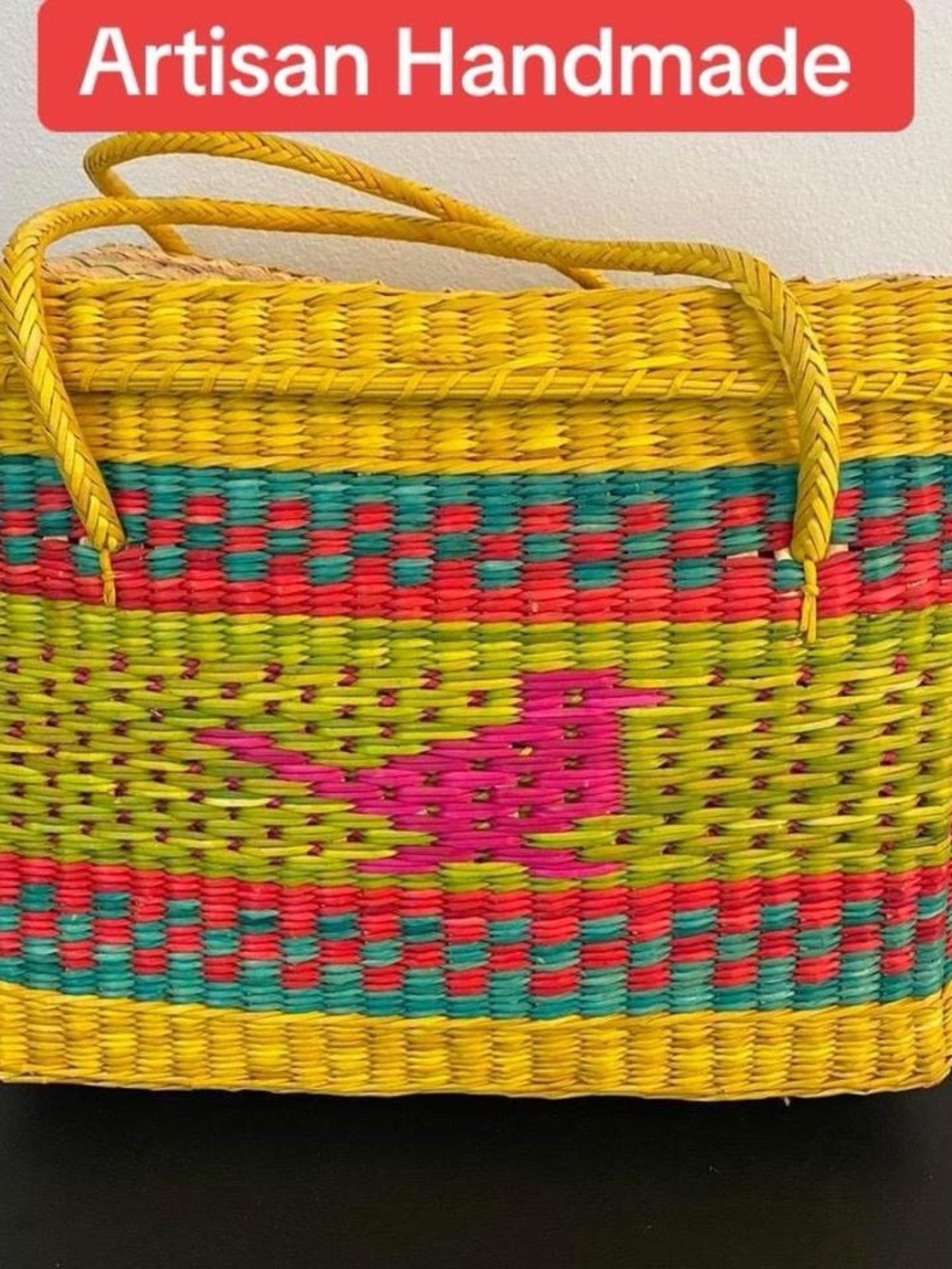 Artisan Handmade Yellow & Pink Woven Basket Tote